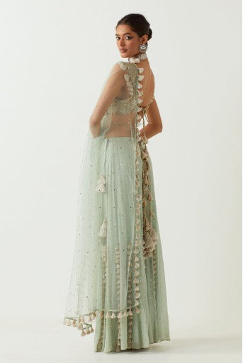 Powder Blue Gerogette Embroidered Choli With Mukaish Georgette Sharara And Mukaish Net Dupatta