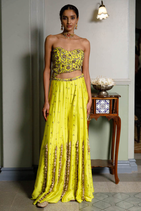 Nissa Lime Yellow Embroidered Choli With Sharara