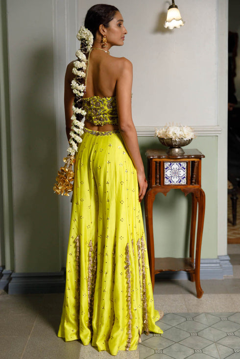 Nissa Lime Yellow Embroidered Choli With Sharara