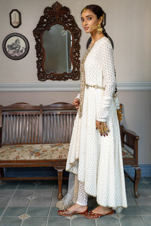 Nusrat Off White Embroidered Yoke Anarkali And Churidar With Dupatta