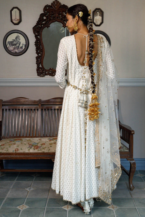 Nusrat Off White Embroidered Yoke Anarkali And Churidar With Dupatta