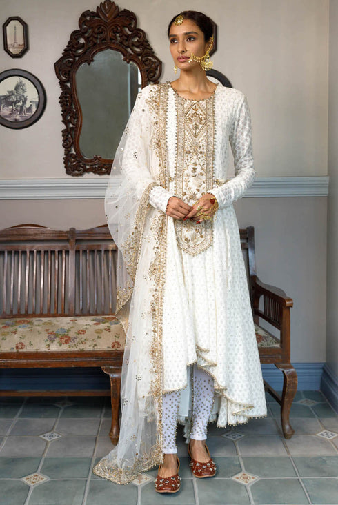 Nusrat Off White Embroidered Yoke Anarkali And Churidar With Dupatta