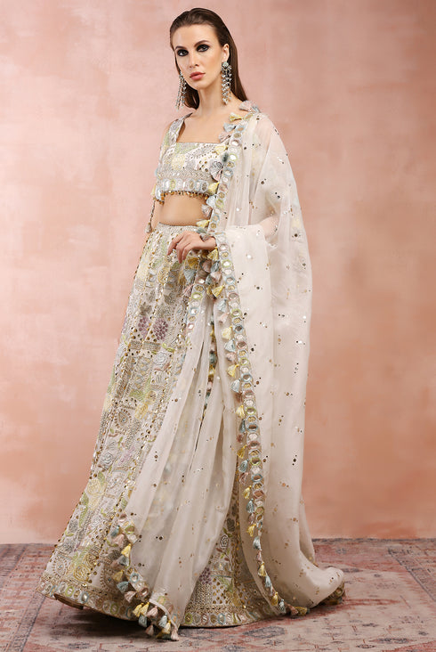 Off White Applique Embroidered Choli And Lehenga With Dupatta