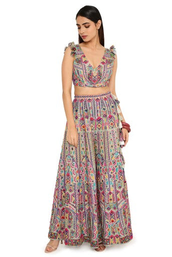 Off-White Georgette Embroidered Choli And Sharara