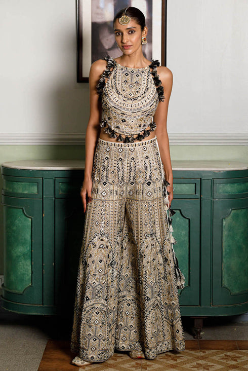 Off White Embroidered Back Tie-Up Choli And Sharara