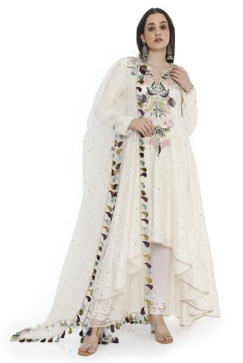 Off-White Embroidered High-Low Anarkali With Embroidered Churidar With Dupatta