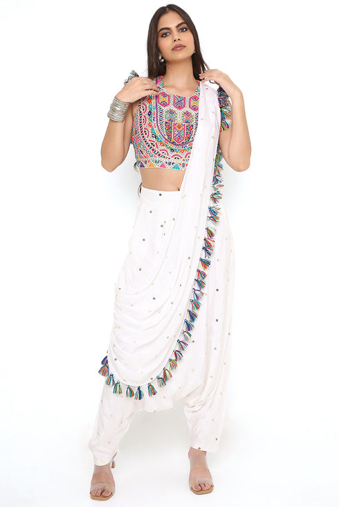 Off-White Georgette Embroidered Choli With Heavy Mukaish Georgette Low Crotch Dhoti Drape Saree