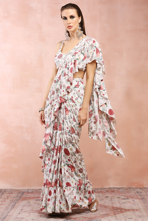 Off White Gulbagh Print Embroidered Choli With Pre-Stitched Frill Saree