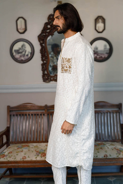 Off White Pocket Embroidered Kurta With Pant