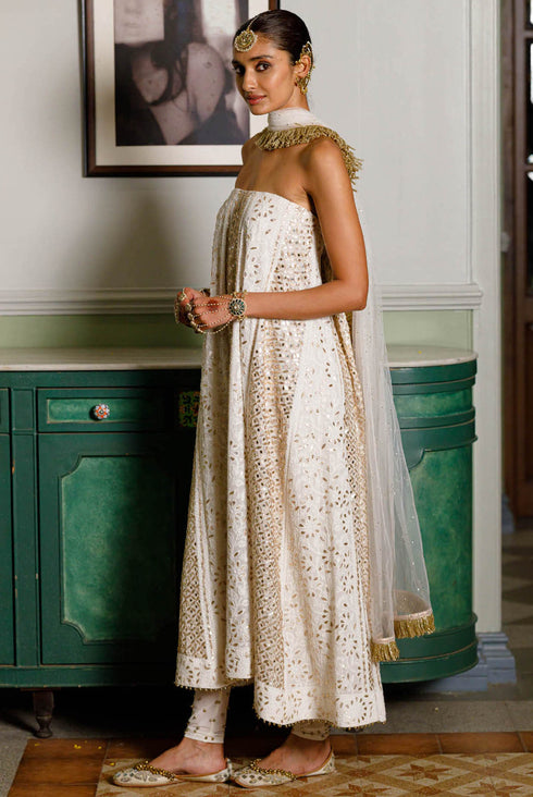Off White Tube Anarkali With Embroidered Churidar And Dupatta