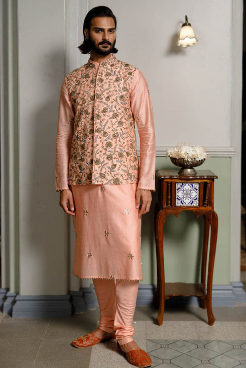 Peach Embroidered Bandi And Kurta With Cotton Silk Churidar