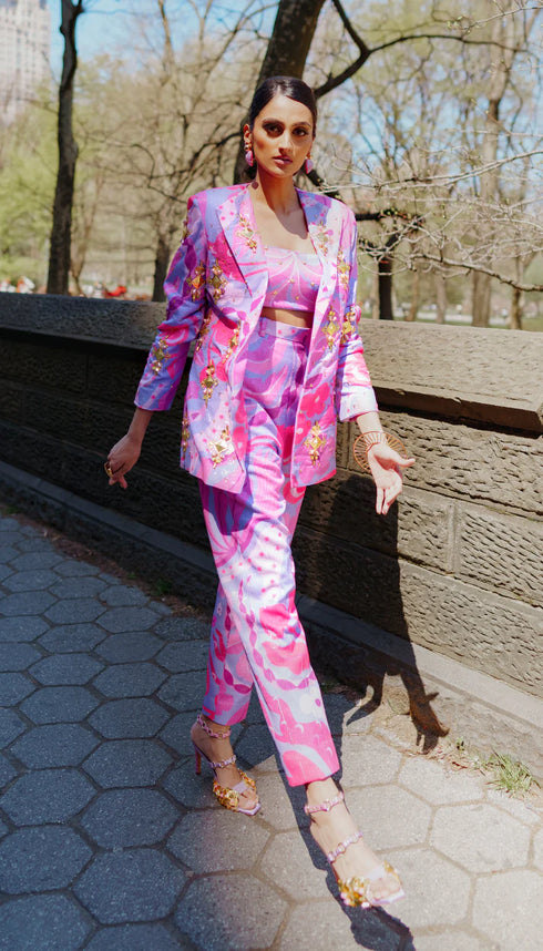 Living Coral-Lilac And Hot Pink Sequin Printed Pant Suit Set