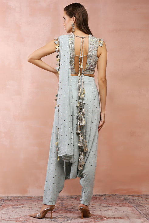 Powder Blue Applique Embroidered Choli And Low Crotch Pant With Attached Drape