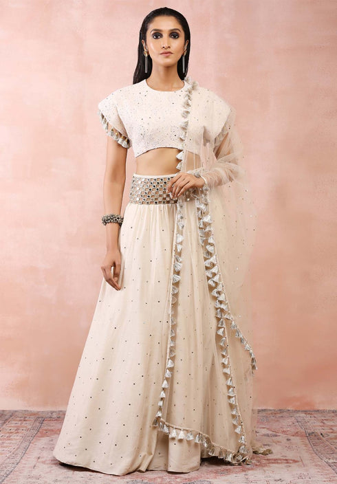 Cream Top With Embroidered Belt Lehenga And Dupatta