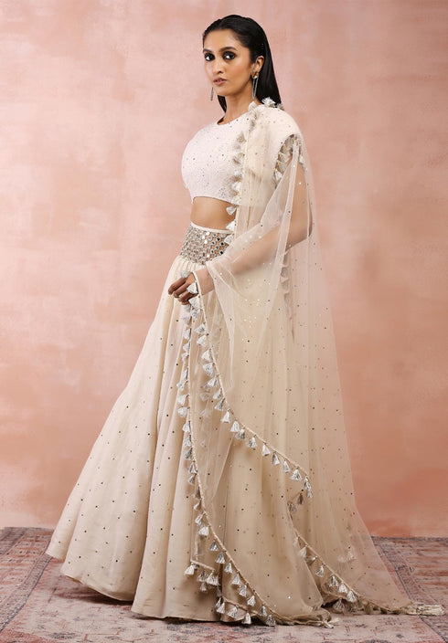 Cream Top With Embroidered Belt Lehenga And Dupatta