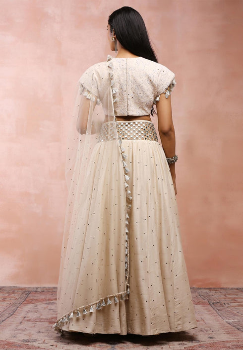 Cream Top With Embroidered Belt Lehenga And Dupatta