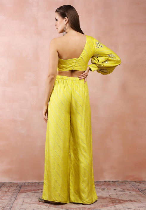 Lime Green Embroidered One Shoulder Top And Palazzo