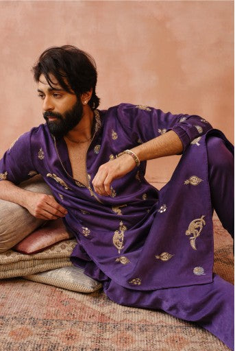Purple Embroidered Bomber Kurta With Jogger Pant