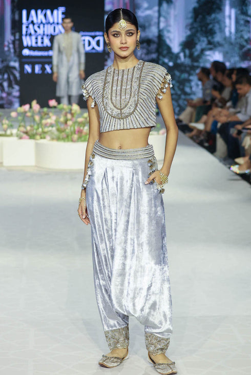 Qirat Grey Embroidered Boxy Choli With Grey Embroidered Low Crotch Pant