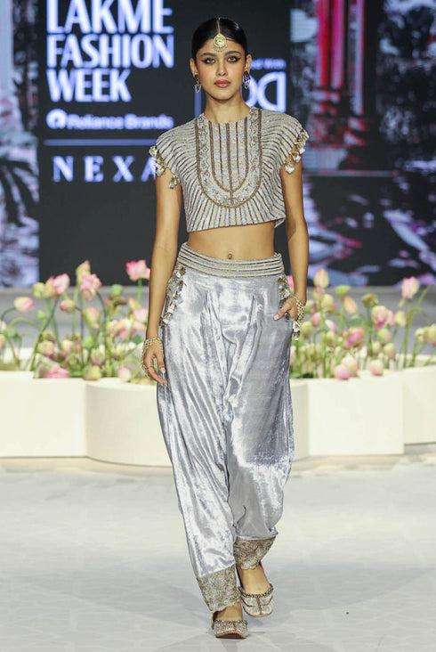 Qirat Grey Embroidered Boxy Choli With Grey Embroidered Low Crotch Pant
