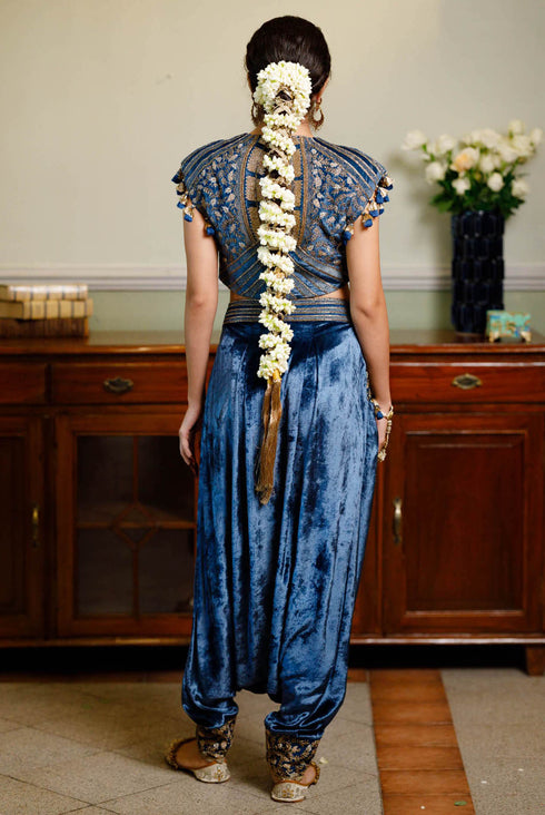 Qirat Navy Blue Embroidered Boxy Choli And Low Crotch Pant