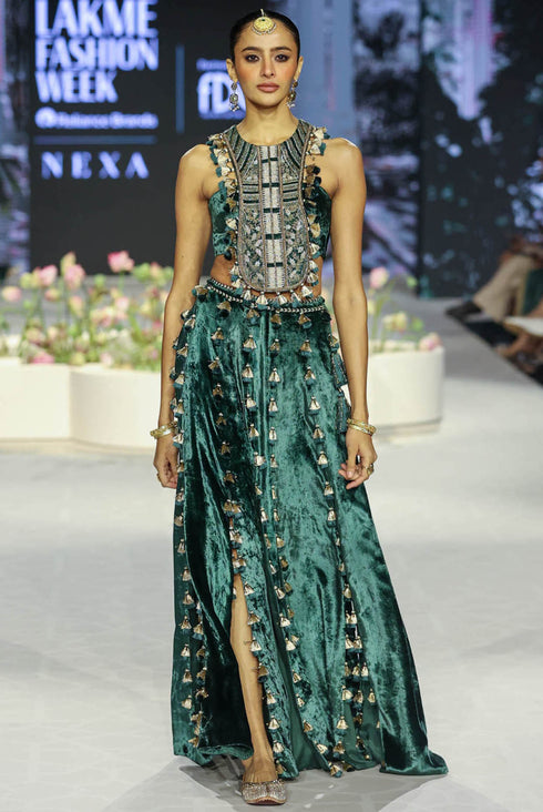 Raina Emerald Green Embroidered Choli With Slit Skirt