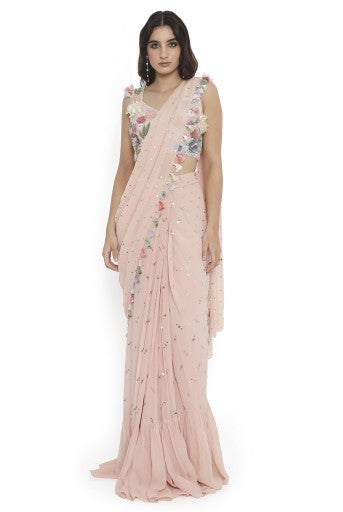 Rose Pink Embroiderd Choli With Embroidered Frill Saree