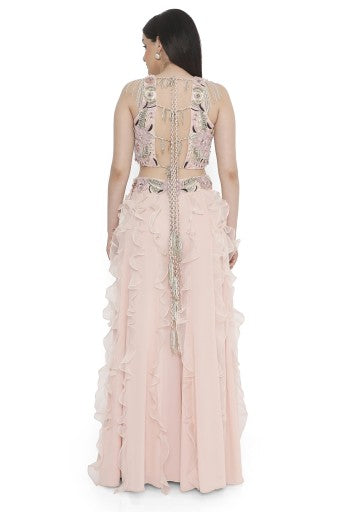 Rose Pink Embroidered Back Tie-Up Choli With Ruffled Sharara