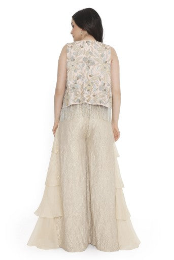 Rose Pink Embroidered Jacket With Embroidered Bustier And Side Ruffled Pant