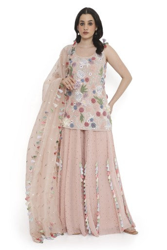 Rose Pink Embroidered Kurta With Sharara And Dupattta