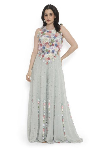 Sea Foam Embroidered Back Tie-Up Choli With Sharara