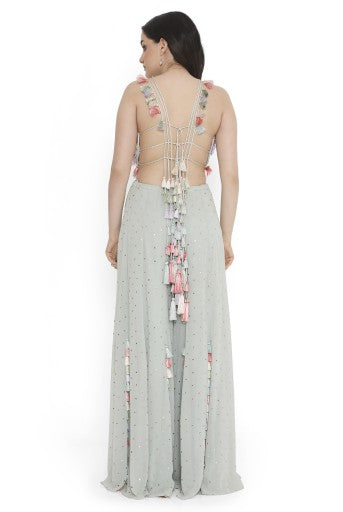Sea Foam Embroidered Back Tie-Up Choli With Sharara
