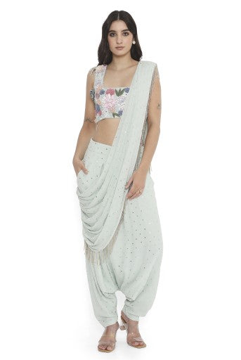 Sea Foam Embroidered Choli With Low Crotch Dhoti Drape