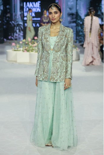 Shazia Mint Embroidered Blazer And Bustier With Sharara