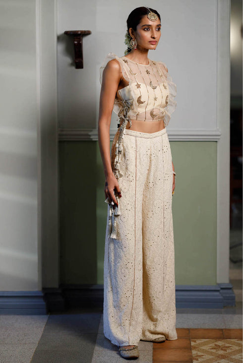 Stone Embroidered Bib With Ruffle And Side Tie-Up Bustier With Pant