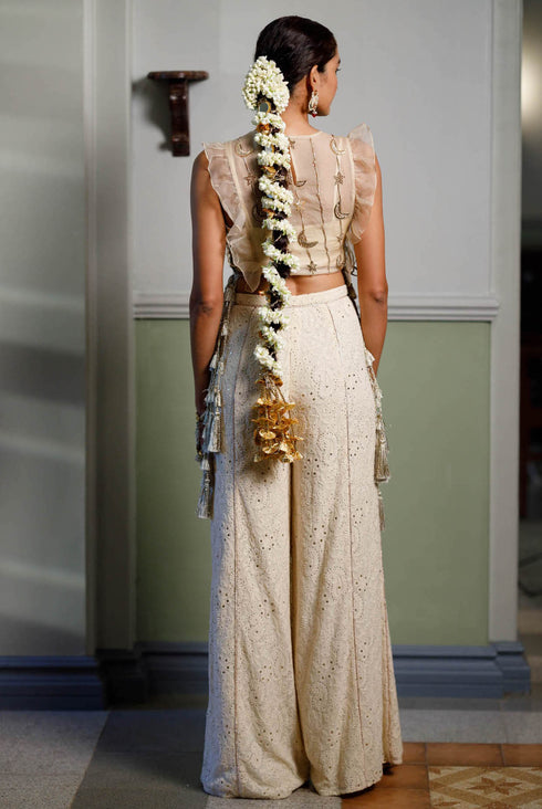 Stone Embroidered Bib With Ruffle And Side Tie-Up Bustier With Pant