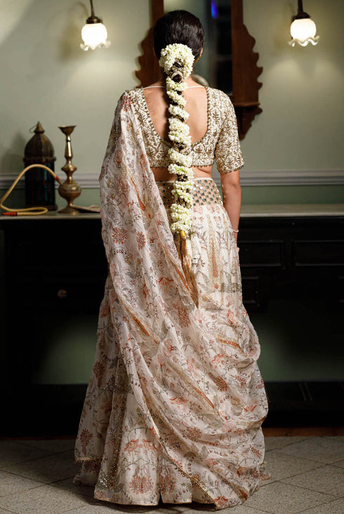 Sultana Cream Embroidered Choli With Cream Printed Lehenga And Embroidered Dupatta