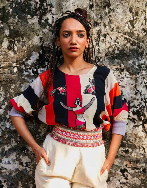 Shahar Stripe Cropped Blouson With Fisherwoman Appliques