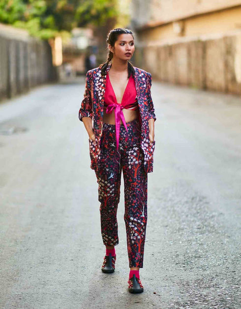 Concrete Jungle Print Pant Suit Teamed With A Graphic Color Block Koli Blouse