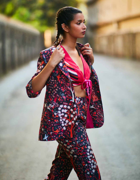 Concrete Jungle Print Pant Suit Teamed With A Graphic Color Block Koli Blouse