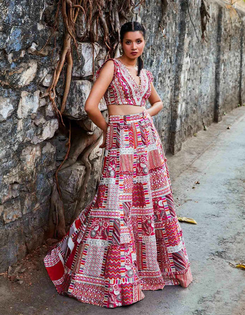 Ivory Geomatric Print Patchwork Lehenga