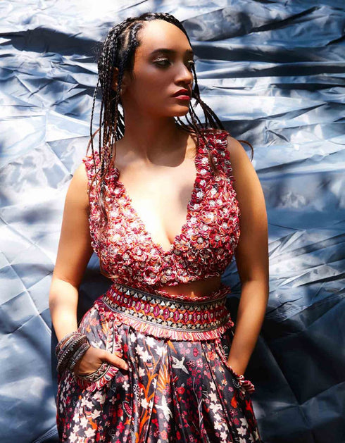 Flower Applique Blouse Teamed With Concrete Jungle Box Pleated Lehenga