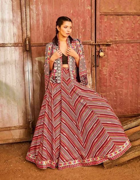 Bohemian Stripe Print Lehenga Teamed With Bustier And Patchwork Noor Jacket