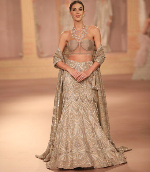 Beige Gold Pearl Lehenga Set