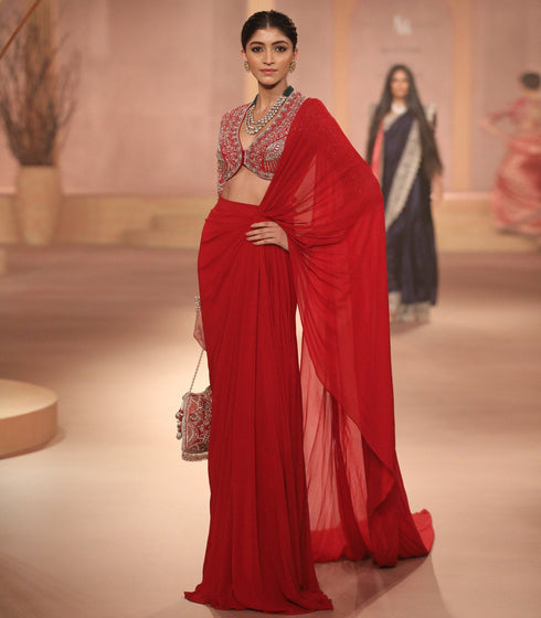 Red Pre-Draped Saree Set