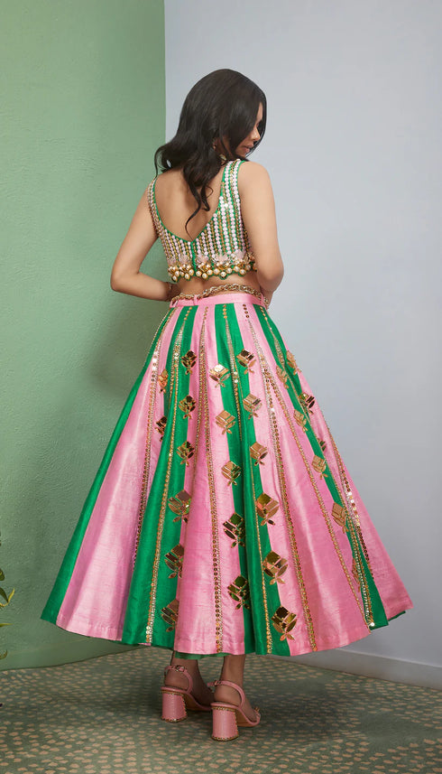 Pink And Green Strips Half Lehenga + Blouse