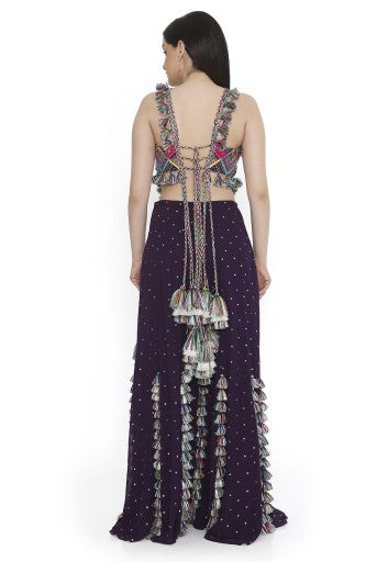 Purple Embroidered Back Tie-Up Choli With Sharara