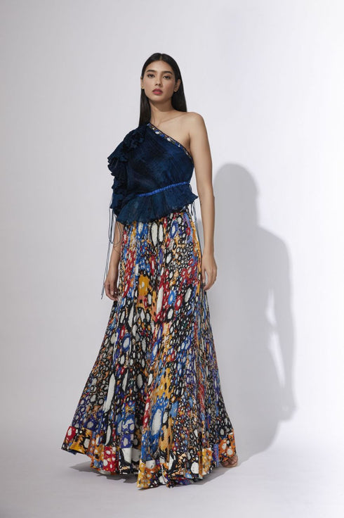 Blue Abstract Print One Shoulder Blouse With Hand Embroidery