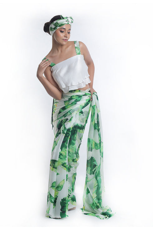 Banana leaf printed saree with crop top blouse