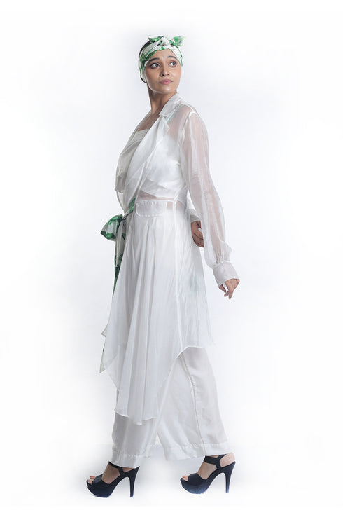 Organza jacket with layered organza trousers and crop top